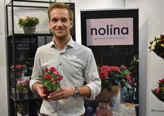 Erik Bos van Nolina met hun Gigi. Naast een uitgebreid assortiment Lisianthus in potmaat 13, mede de Lisianthus white, toonde hij deze Gigi potroos. Een mooie bicolor en speciaal voor de kerst is het assortiment van deze soort uitgebreid met verschillende potmaten en toegevoegde waarde in de vorm van een mooie keramieken pot of een mooie schaal.
